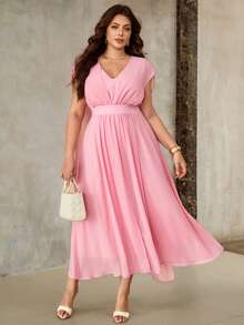 Roveilla Plus Size Women's Blush Pink Summer Elegant Formal Wedding Ninang Maxi Dress,Chiffon Shirred Waist Drop Shoulder French Boho Wrap Dresses - Pink - View 4