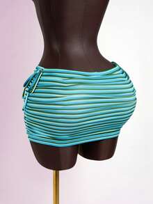 Celisse Women's Fashion Bodycon Drawstring Striped Blue-Green Mini Skirt, Suitable For Vacation, Daily Wear, Travel, Beach, Hot Spring, Sexy - Multicolor - View 2