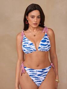 SHEIN Swim Plus Size Vacation Beach Fish Print Patchwork Striped Tie Front Swimwear Top Blue And White Summer - Multicolor - View 3