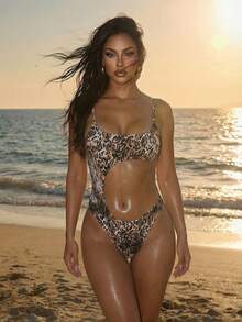 Swim SXY Women's New Leopard Print Random Hollow Out Sexy Elegant Vacation Minimalist Party One-Piece Swimsuit - Multicolor - View 3