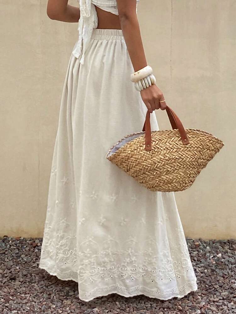 Women's Elastic Waist Embroidered Casual Skirt Summer