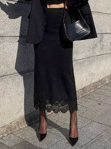 DAZY Women's Solid Color Casual Lace Patchwork Knit Skirt - Black - View 2