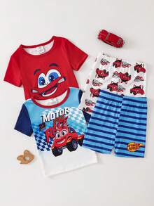 Bộ 4 món quần short tay ngắn ôm sát, in hình hoạt hình xe hơi, kẻ sọc, thích hợp mặc ở nhà mùa xuân/hè cho bé trai. - Nhiều màu - Xem 4