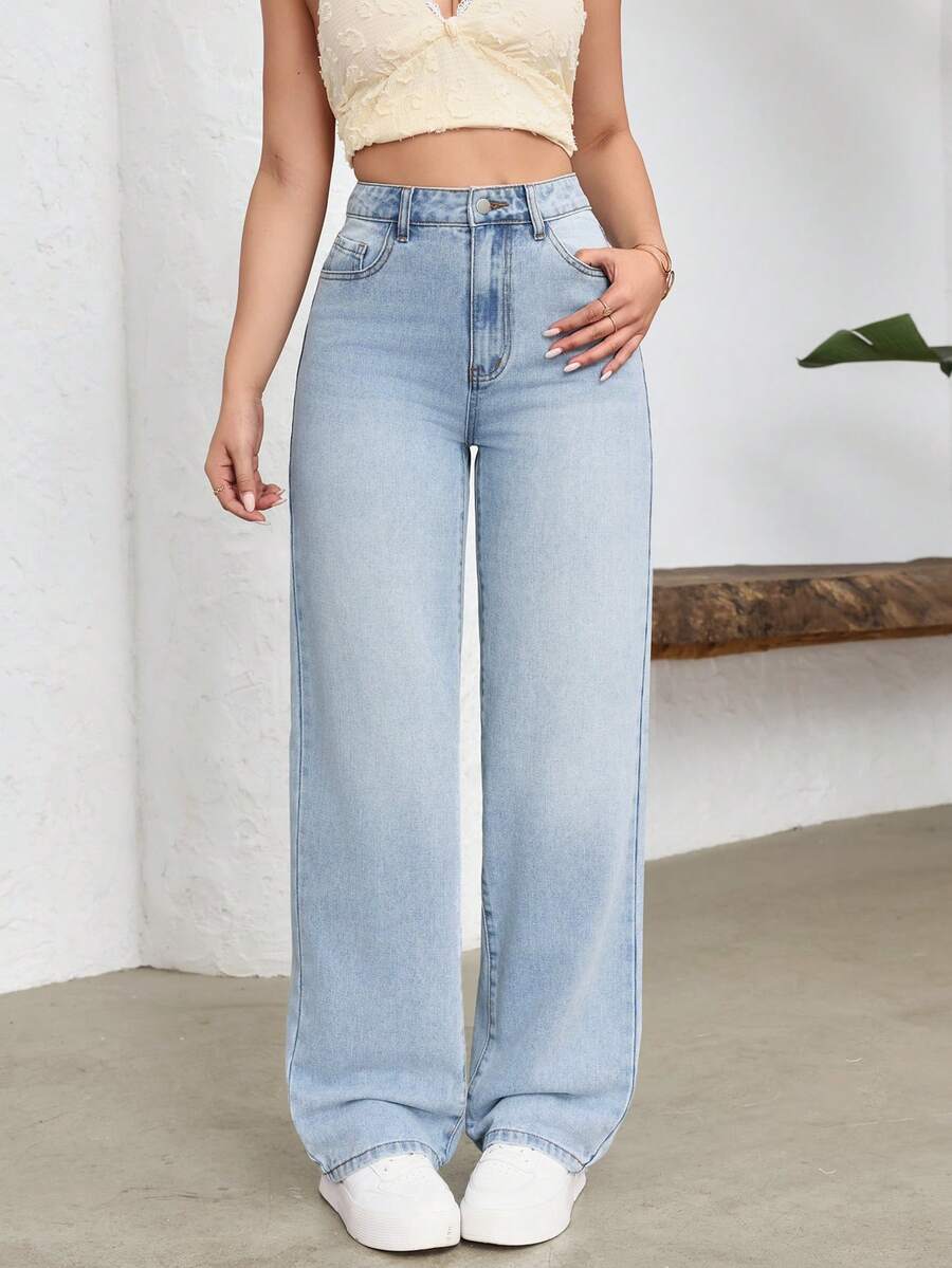 SHEIN Tall Quần jeans nữ cạp cao, có túi, ống rộng, dáng suông, thoải mái, đa năng. - Rửa nhẹ - Xem 1