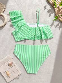 SHEIN 少女黄色条纹比基尼套装，两件式泳衣，层叠荷叶边上衣，时尚休闲优雅，适合游泳、度假和夏季穿着。 - 綠色 - 查看 2
