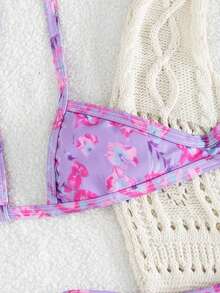 Bonvoyette 2pcs/Set Halter Tie Design Bikini Swimwear Set Purple Summer Casual Beach Vacation Holiday Tummy Control Bathing Suit Women Zebra Print Bikinis - Multicolor - View 11