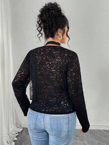 Modelyn Plus Size Women Lace Patchwork Fitted Versatile Knit Collar Top, Elegant For Spring/Summer - Black - View 2
