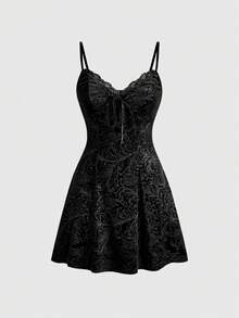 Goth Lace Patchwork Velvet Embossed A-Line Slip Dress - Black - View 5