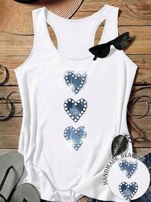 EMERY ROSE Camiseta sin mangas minimalista casual con cristal con forma de corazón, adecuada para el verano, tallas grandes - Blanco - Ver 1