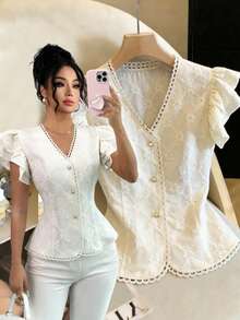 SHEIN LUNE CURVE Plus Size Women Textured Fabric Elegant Ruffle Sleeve Cinched Waist Slim Fit T-Shirt, Spring/Summer - White - View 4