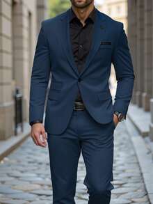 Manfinity Mode 男士时尚单排扣翻领西装套装 - 藍色 - 查看 6