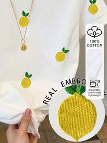 Resyla Women's Casual Lemon Embroidery T-Shirt, Summer - White - View 3