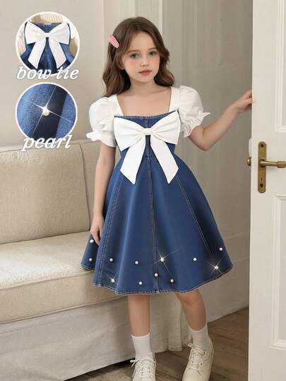 Robe décontractée de printemps/été à la mode pour préadolescentes, décoration de nœud blanc à l'avant, jupe en jean bleu à l'arrière, manches courtes bouffantes, convient pour l'école, les vacances, la photographie, le printemps/l'été