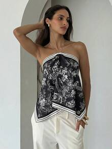 Aloruh Blusa de mujer elegante con cuello de halter, estampado de tinte anudado y gasa para playa y vacaciones - Negro - Ver 6