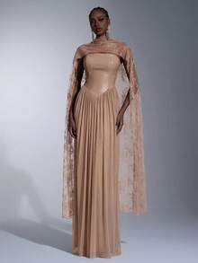 Elitara Elegant, lyxig och mångsidig klänning i läderpatchwork med elastisk stickad mesh och spets, rynkad med avtagbara paljettärmar och fiskbenskant, lämplig för bröllop, fester, semestrar, galor och formella evenemang. - Kaki - Visa 4