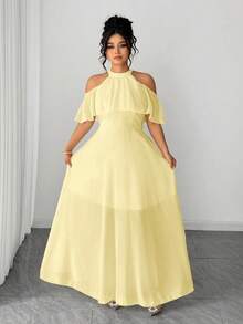 Elenzga Women's Plus Size Pale Yellow Plain Woven Fabric Halter Cold Shoulder Long A Line Elegant Prom Dress - Pale Yellow - View 6