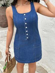 Rivivi Fashionable Pocketed Washed Denim Sleeveless Dress - Dark Wash - View 3