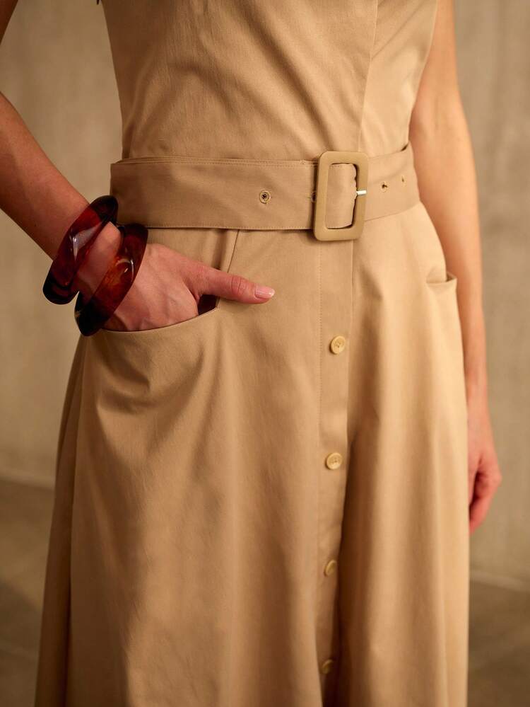 VESTIDO CASUAL ELEGANTE FEMININO DE AJUSTE FOLGADO COM GRAVATA NO PESCOÇO EM CAQUI EMAGRECEDOR