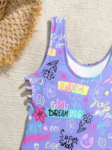 Tween Girls Minimalist Printed Sleeveless One-Piece Swimsuit - Purple - View 4