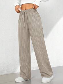 SHEIN PETITE Quần lửng ống rộng chất liệu có họa tiết, kiểu dáng thường ngày, thích hợp cho mùa hè. - Màu Khaki - Xem 4