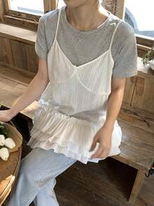 DAZY Women's Casual Solid Color Ruffle Hem Camisole Top, Summer - White - View 5