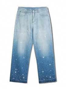 Manfinity EMRG Pantalones anchos y sueltos con lavado degradado y adornos de diamante de imitación para hombres, estilo callejero estadounidense de alta calle - Lavado ligero - Ver 4