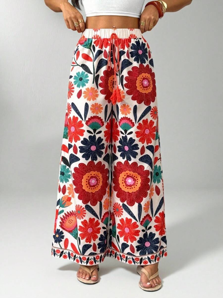 SHEIN PETITE Quần ống rộng in họa tiết hoa dài đến đầu gối dành cho nữ khi đi nghỉ dưỡng tại lễ hội âm nhạc - Nhiều màu - Xem 1