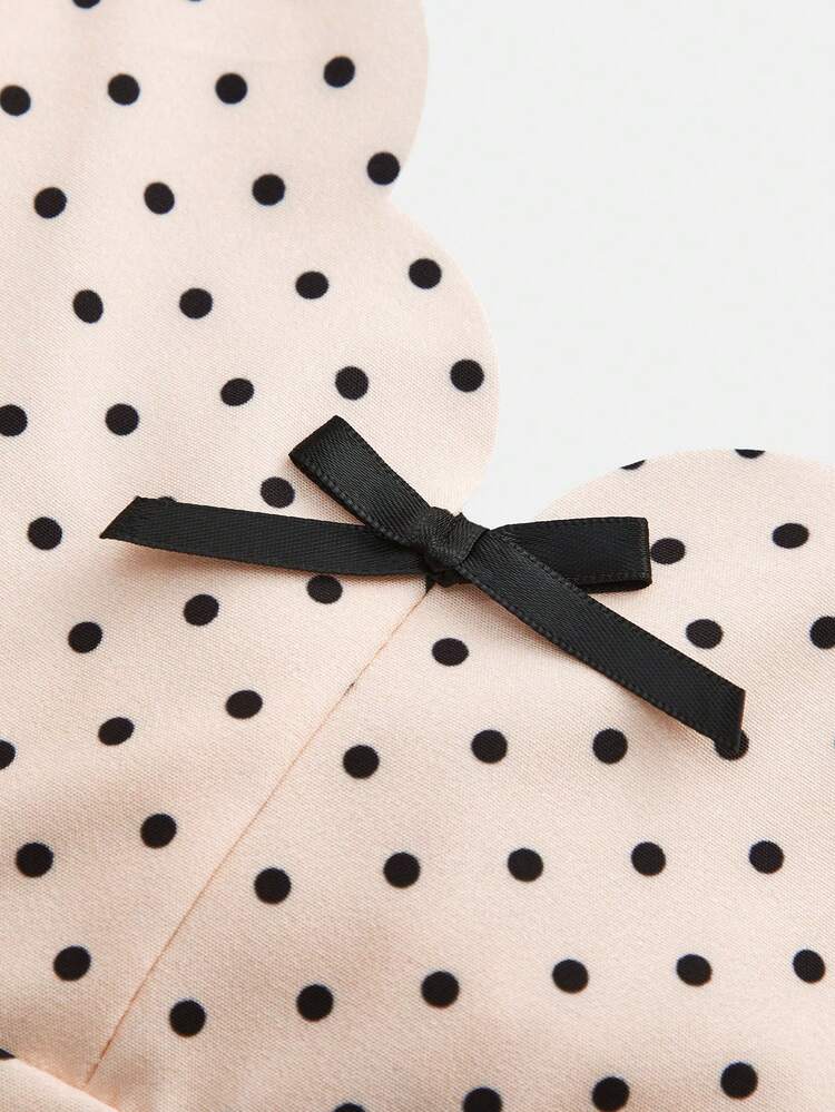 Polka Dot A-Line Mini Dress With Scallop Neckline And Tie Back Strap Detail Vintage Style Spring Spring Summer French Style Parisian Style Vacation Dress Resort Dress Holiday Dress Wedding Guest Dress