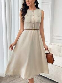 Miaspire Women's Solid Color Round Neck Elegant Office Midi Dress, Sleeveless,Summer Outfit For Women,Festival Outfits For Women,Elegant Dresses For Women,Work Outfits For Women,Summer Dresses For Women - Apricot - View 6