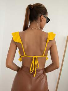 Chiquease Women's Vacation Solid Color Ruffle Hem Fitted Sexy Top Golf Pastal Summer - Yellow - View 2