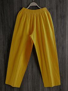 SHEIN LUNE CURVE Plus Size Women Solid Color Elastic Waist Casual Harem Pants - Yellow - View 2