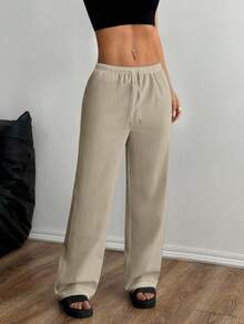 SHEIN Unity Women's Solid Color Elastic Waist Drawstring Straight Loose Pants ,Petite Women - Khaki - View 6