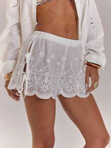 SHEIN BAE Women's White Summer Boho Beach Vacation Holiday Linen Embroidered Floral Tie-Front Shorts,Loose-Fitting Elastic Waistband Wide-Leg Openwork Shorts - White - View 1