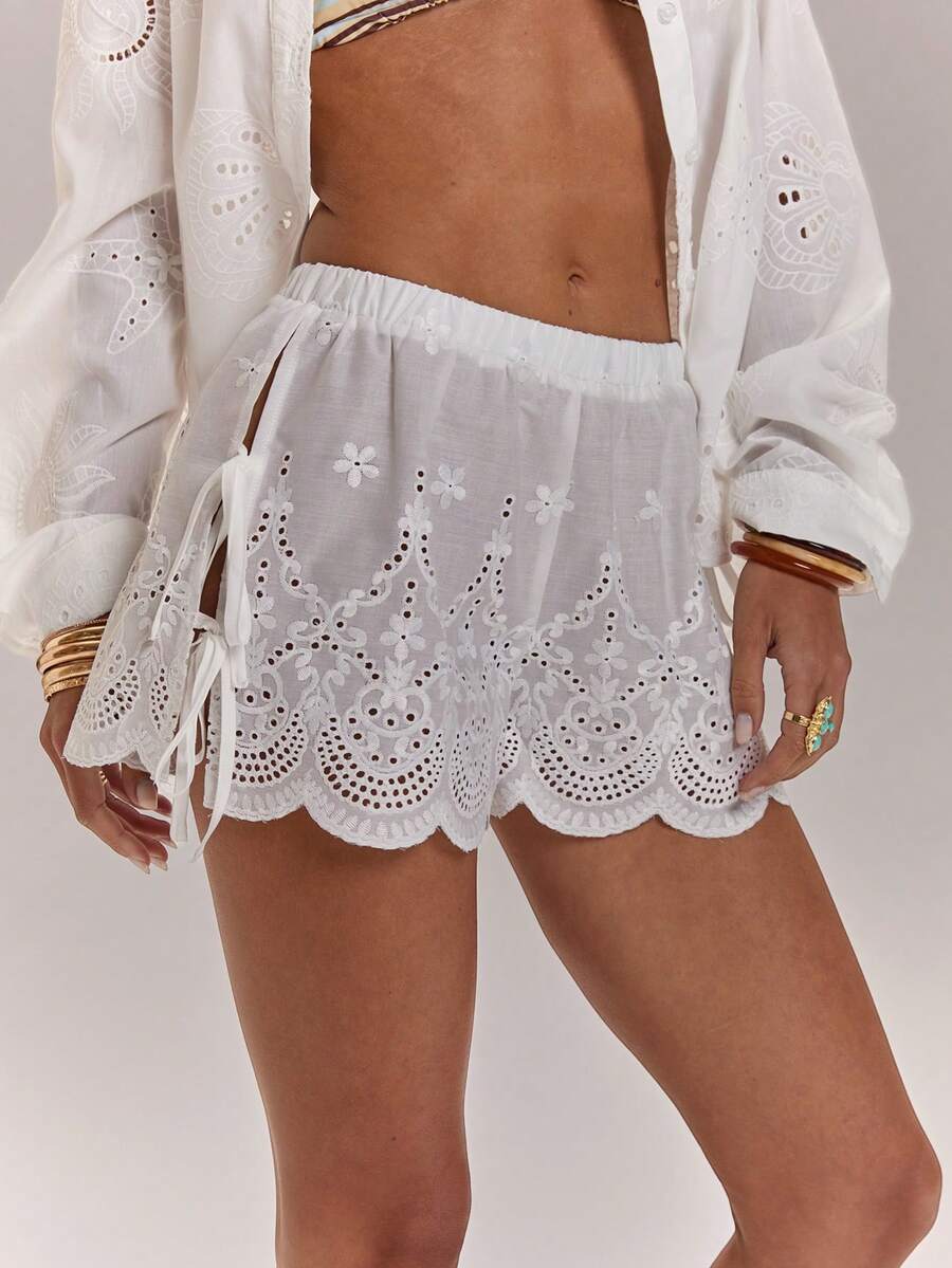 SHEIN BAE Women's White Summer Boho Beach Vacation Holiday Linen Embroidered Floral Tie-Front Shorts,Loose-Fitting Elastic Waistband Wide-Leg Openwork Shorts - White - View 1