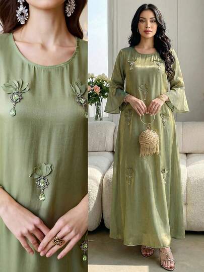 Al Najma Đầm maxi Thổ Nhĩ Kỳ thanh lịch màu trơn với họa tiết thêu và viền bèo nhún, cùng áo Abaya truyền thống Ả Rập dành cho nữ.