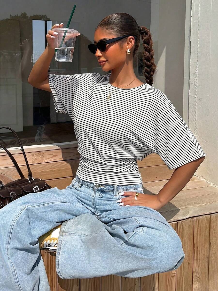 Muchica Women's Casual Striped Batwing Sleeve Top, Summer Casual Top - White - View 1