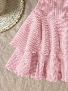 SHEIN 少女度假迷你连衣裙，胸部采用弹性褶皱设计，系带领口，蝴蝶结装饰，层叠褶皱，可内搭或外穿，夏季连衣裙，纯白色连衣裙 - 粉色 - 查看 7