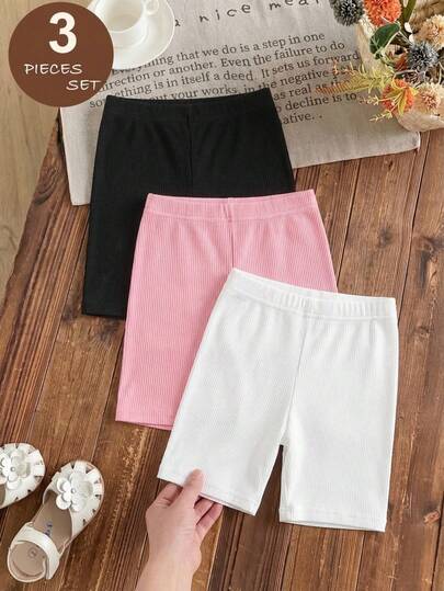 SHEIN LMoss Kids Young Girl 3pcs Solid Elastic Waist Biker Shorts Young Girl Shorts For Girlsgirls Bike Shorts,Kids Leggings For Toddler Young Girl Clothes