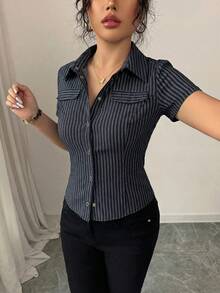 DAZY بلوزة نسائية رسمية للتنقل الصيفي بقصة ضيقة وأكمام قصيرة من القطن المخطط مع ياقة - الأزرق - مشاهدة 8