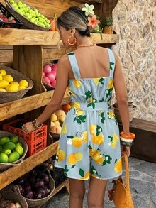 Selianne Standard Size Light Blue Base Fruit Print Jumpsuit, Spring/Summer Holiday Romper Vacation Boho - Multicolor - View 2
