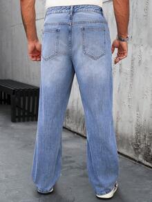 Manfinity Homme Quần jeans ống rộng nam màu xanh nhạt, kiểu dáng rách rưới, thêu họa tiết. - Rửa nhẹ - Xem 2