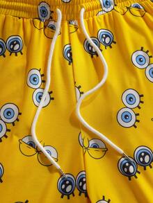 SpongeBob SquarePants | SHEIN 男士圆领字母卡通印花短袖上衣和抽绳短裤休闲家居服套装 - 灰色 - 查看 5