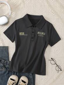 Tween Girl Letter Print Short Sleeve Polo Neck T-Shirt - Dark Grey - View 2