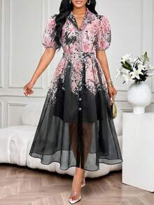 SHEIN Lady 女士优雅印花前扣花瓣袖连衣裙，夏季 - 黑色 - 查看 5
