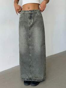 Aloruh Chân váy chữ A bằng vải denim mài bạc màu dáng rộng dành cho nữ, có túi xéo, thích hợp cho mùa hè. - Màu xanh lam - Xem 3