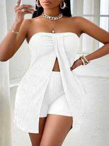 SOLERSUN Women's Plus Size Solid White Twisted Front Split Strapless Top And Shorts Set,Classy Summer Vacation Party Beach Textured Fabric Two Piece Outfits - White - View 2