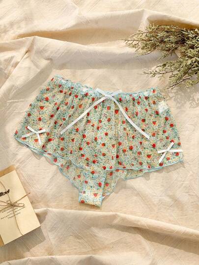 女士休闲草莓印花荷叶边抽绳腰平角内裤
