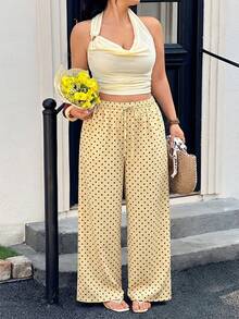 GalTyme 芥末黄加大码弹力腰抽绳波点休闲优雅裤 - 鵝黃色 - 查看 7