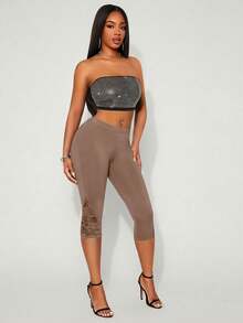 SHEIN SXY Quần legging ren tối giản màu trơn dành cho nữ, thích hợp mặc hàng ngày. - màu nâu - Xem 3