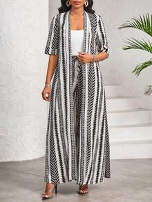 SHEIN Lady Striped Print, Long Women's Shirt And Wide-Leg Pants, Women's Two-Piece Set, Elegant Commuting For Daily Use - Multicolor - View 5